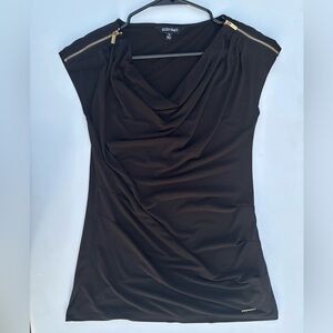 Ellen Tracy Black Draped Blouse with Gold Zipper Accents